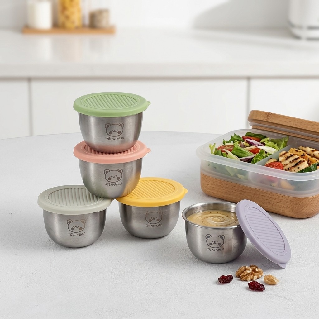 Sauce Dipping Cup - 1/6 個 304 ステンレス鋼ドレッシングソース容器再利用可能なラウンドディップソースカップ蓋付き屋外ポータブル密封ソースボックス