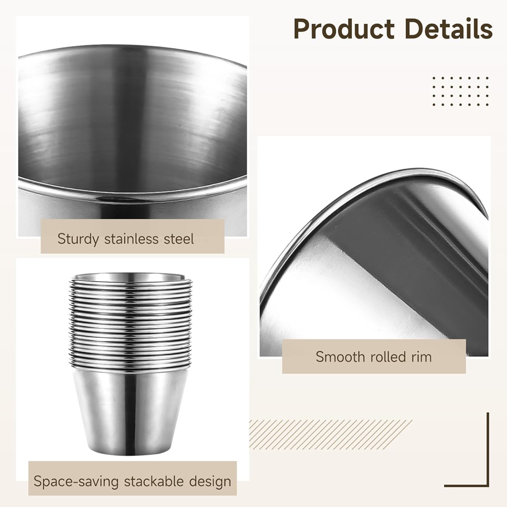 Sauce Dipping Cup - J1UL1N ステンレス製ソースカップ 60個入り、2.2オンスのステンレス製ディップソースカップ、レストラン用の再利用可能な丸型ディップボウル。
