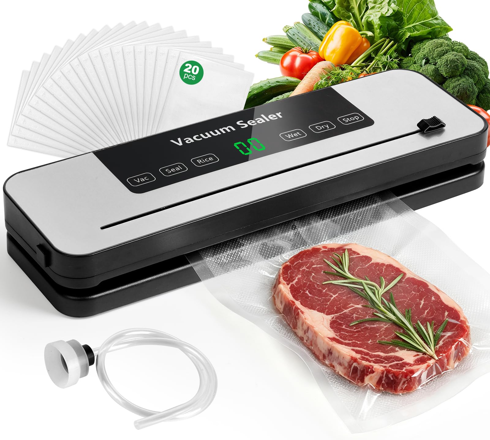 Meal Prep With Rice - 食品用真空シーラー。6つのモードで、米、生鮮食品、乾燥食品の真空パックが可能。内蔵の袋カッター付き。20枚の袋とホースが付属。120W。コンパクトでスリムなデザイン。肉、野菜、スナック、残り物、食事の準備に最適。ブラック。