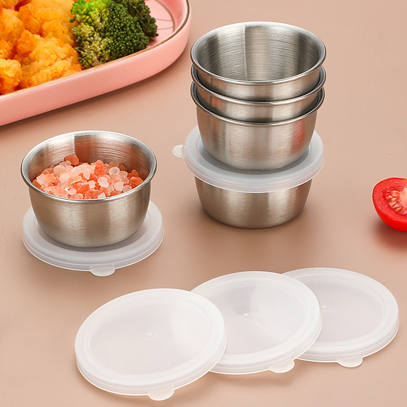 Sauce Dipping Cup - 漏れ防止蓋付きの小さなステンレス製カップ,サラダドレッシング容器,ソース皿,ポータブル,浸漬カップ,40ml, 1個,6個