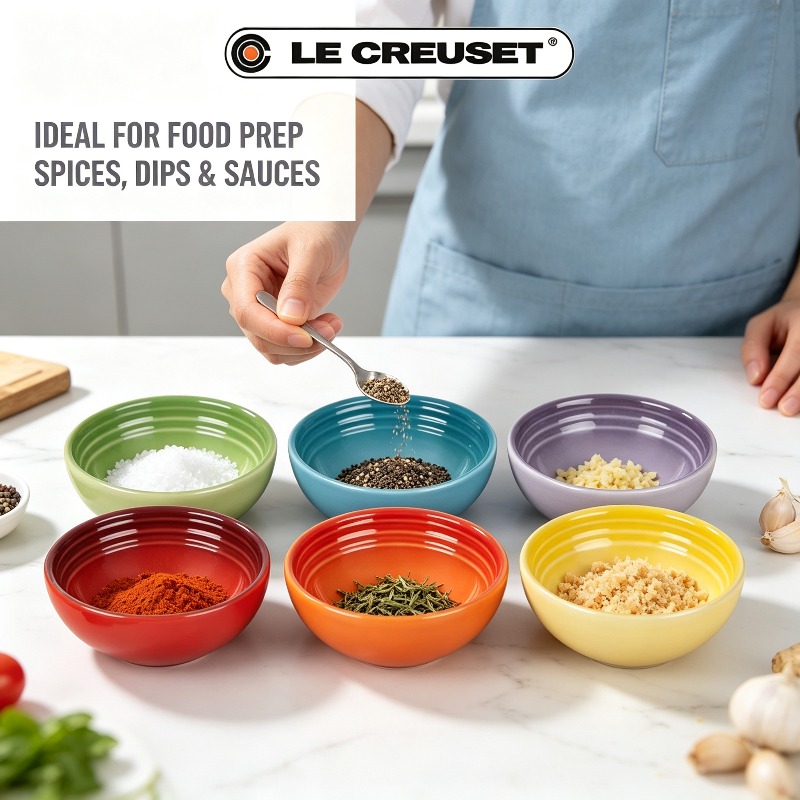 Meal Prep Kitchen - ル・クルーゼ 6個入り 2オンス ストーンウェア製 ピンチボウルセット。鮮やかなレインボーカラー。食器洗い機対応。ソースの準備に最適なキッチン用品。
